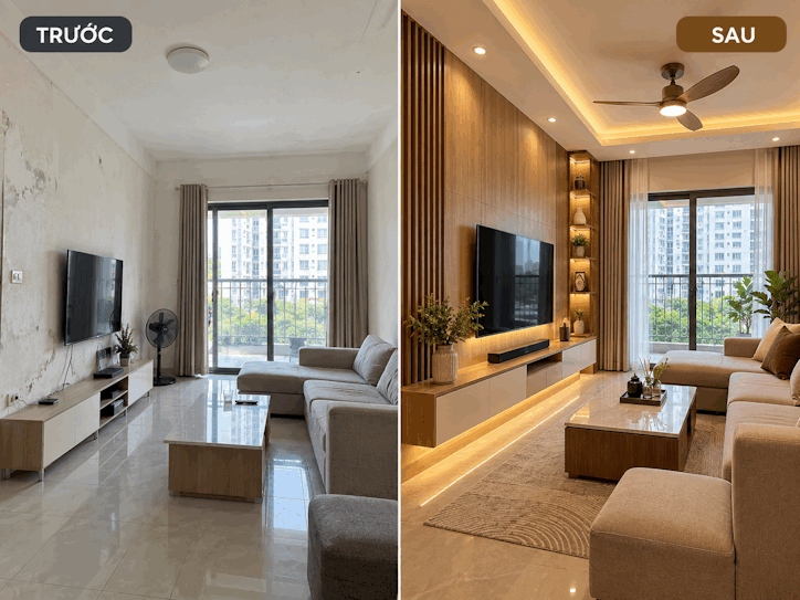 trước và sau khi ốp tường tấm nano